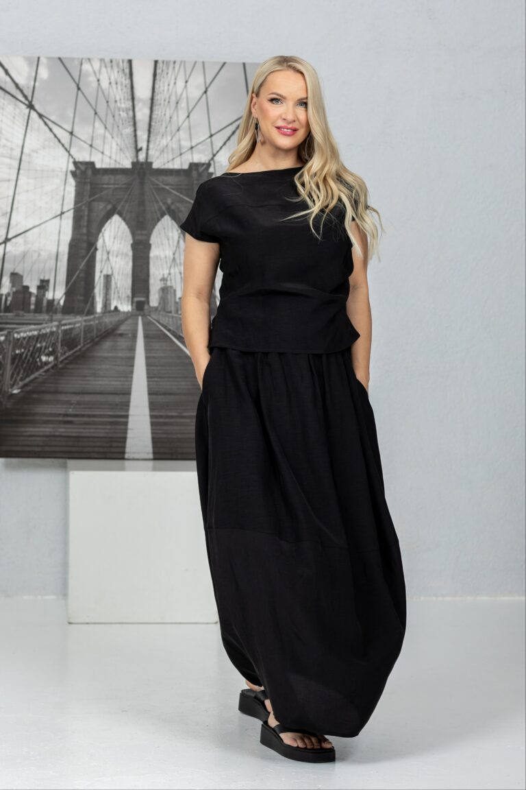 Long balloon cut black skirt Kuru + Shika blouse