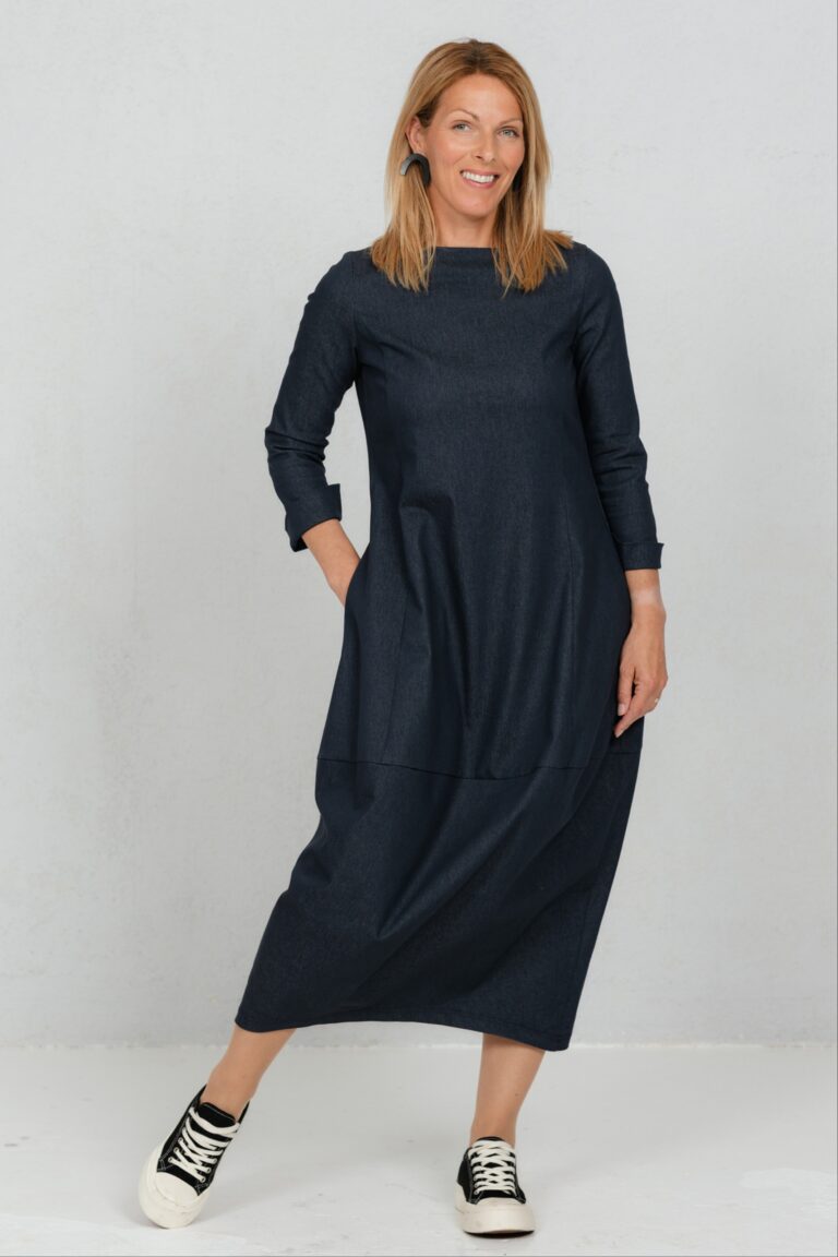 Midi length balloon dress Akarui, denim