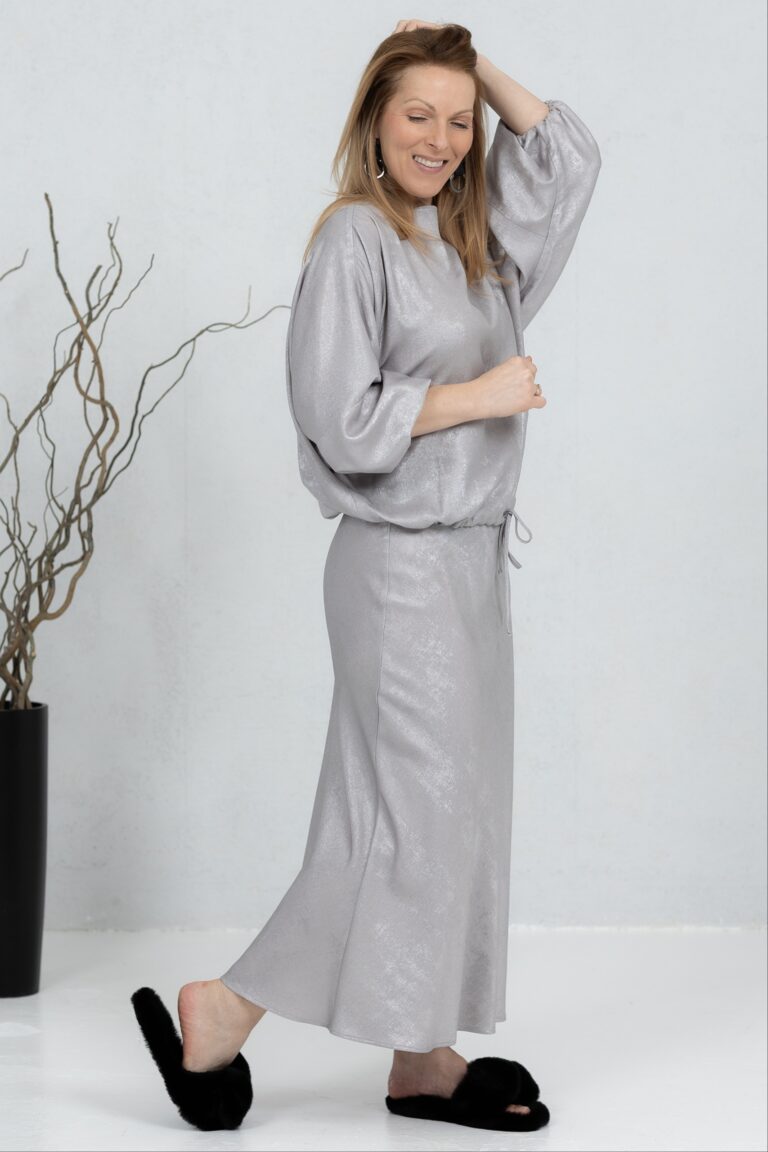 Sheer silver viscose skirt Taro + blouse Matte