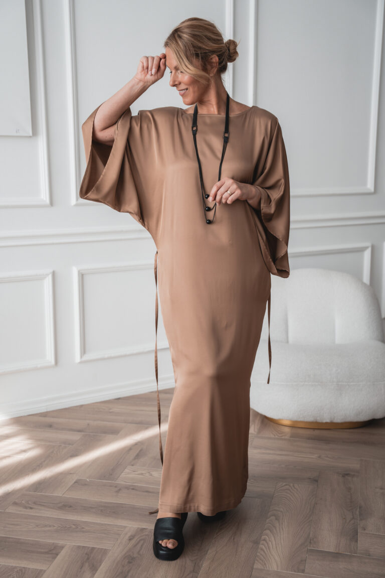 Sheer, kimono cut, golden brown dress