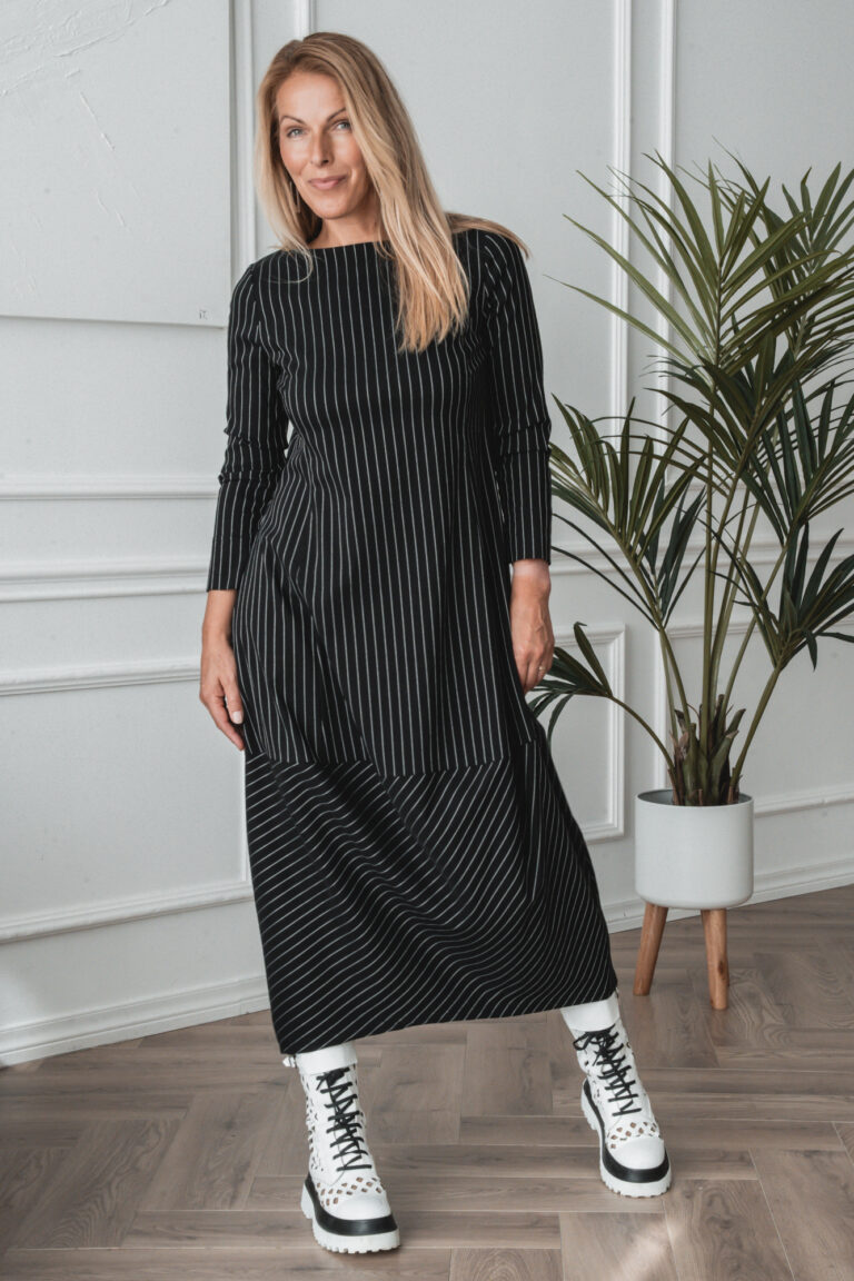 Akarui black balloon dress with fine white stripes