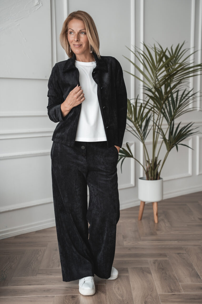 Black velvet jacket by Akemi + Velvet pants by Tsuba Ni
