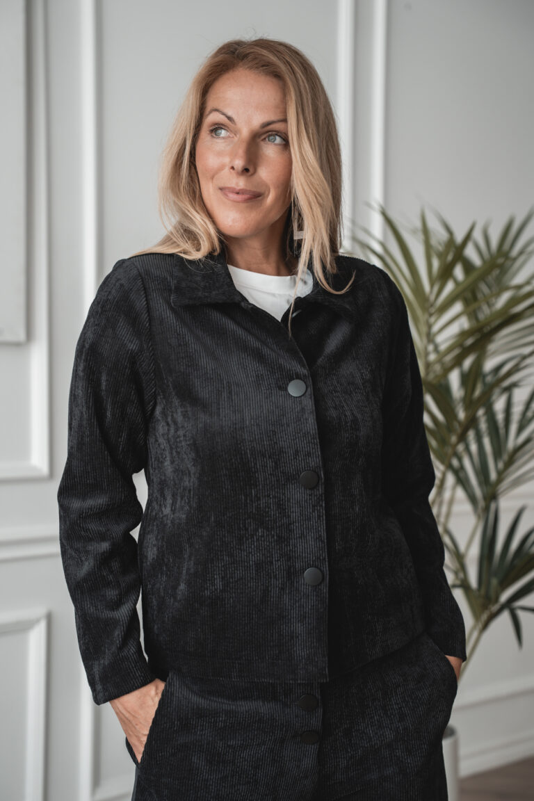 Black velvet jacket by Akemi + Velvet pants by Tsuba Ni