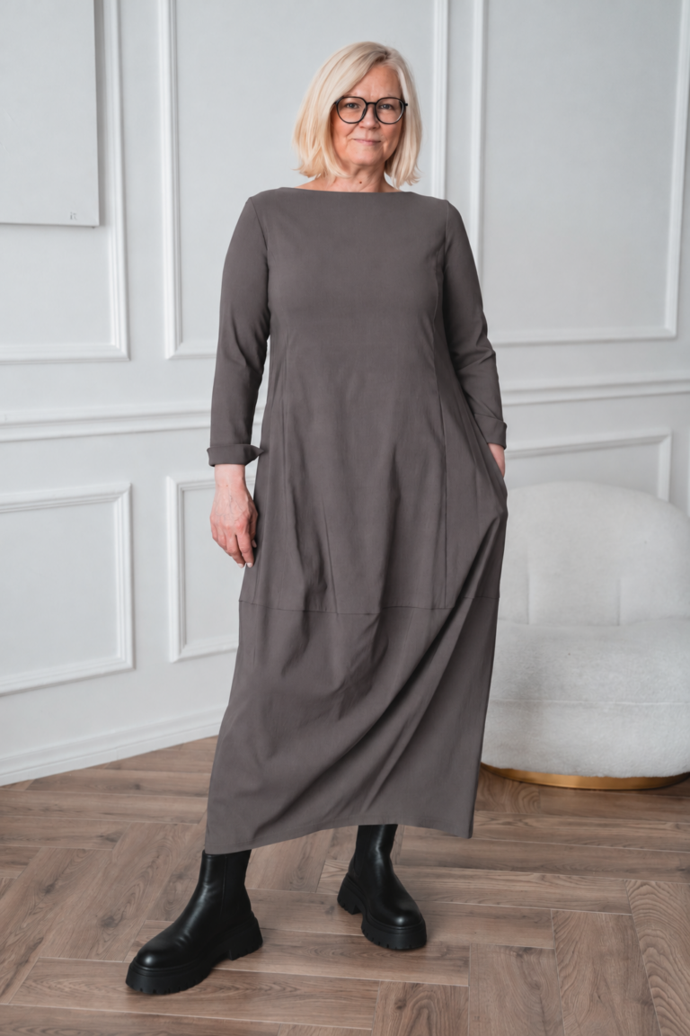 Akarui Midi-Length Taupe Balloon Dress