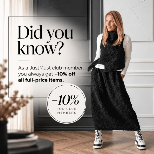 Did you know? 🤍
As a JustMust Club member, you always get 10% off all full-price items.
No discount codes, no extra steps. Simply log in to your account and your club price will be applied automatically.
Your club benefit is always there – whenever you find your next JustMust favourite. 🖤
Not a member yet? Join the club and enjoy 10% off full-price pieces every time you shop. @justmust.eu 
 #blackandwhite #scandistyle #wearblackeveryday #naturallyyou #effortlesselegance #boldandedgy #estoniandesign #justmustbyewi #fashionintallinn #wearblack